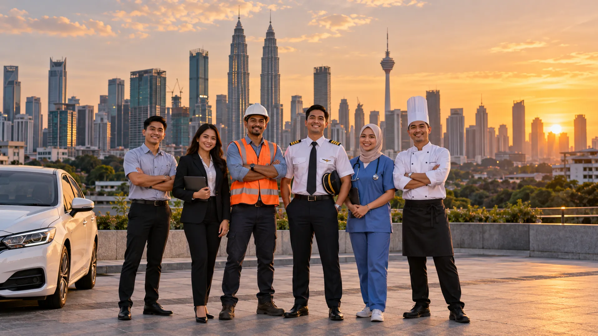 Malaysian driver, insurance agent, construction worker, pilot and other professionals standing together with the Kuala Lumpur skyline at golden hour